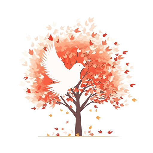 simple vector illustration of a dove flying in front of a maple tree on a white background