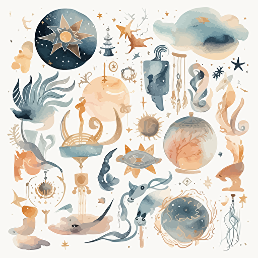 astrology symbols, galaxy, stars, whimsical dreamy style, muted colors vector digital painting, white background