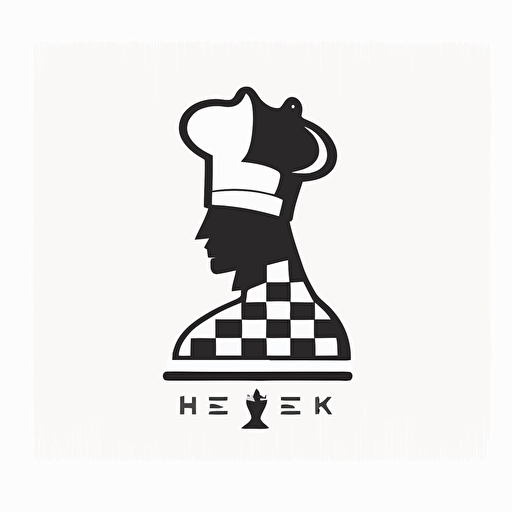 a minimal flat vector logo of a chess piece with a chef hat, white background, black and white