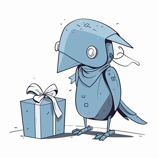 vector doodle minimalist, an sad bird shaped blue robot on background giftboxes