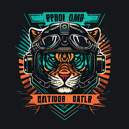 a minimal vector logo motorcycle club emblem, tiger with motorcycle glasses, two piston head, handlebars,colorful