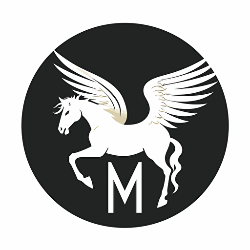 Vector image of M and Pegasus, logo art, brand logo, black and white, no background,