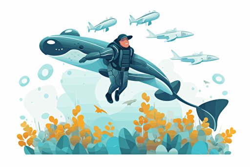 vector. fantastical humanoid man with whale clothing, skydiving in a beautiful landscape. with no text, closed shape. white background