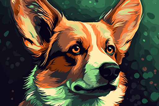 cute pet vector art, watchful corgi , red and green tones, centralized composition, insane detail