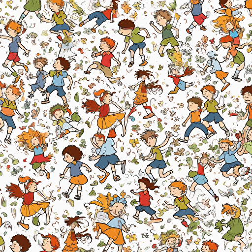 Vector illustration, continuous repeating pattern of children running around playing, with white background, in vivid colors.