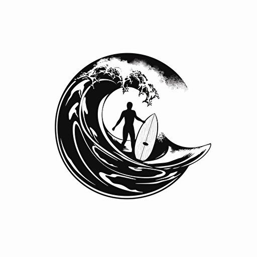 detailed surfing logo, black and white design, vector isolated on white