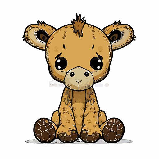 handdrawn cute sitting baby giraffe clipart, flat vector art, black clean outline, natural colours, symmetrical, isolated white background