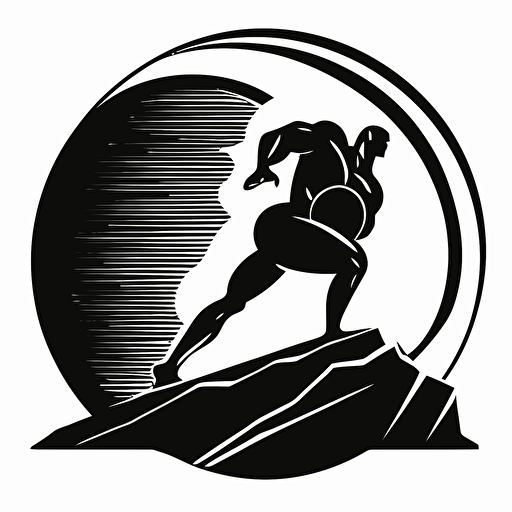 Retro, pictoral iconic logo of sisyphus pushing rock up a hill, black vector on white background