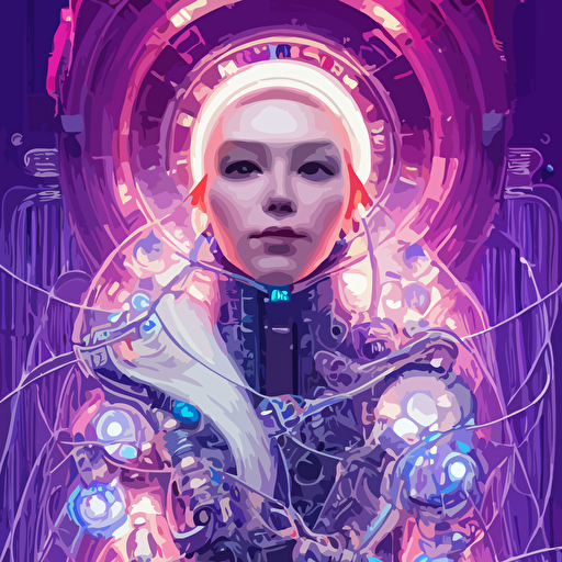 high quality high detailed portrait snow queen cyberpunk character futuristic world hyperrealism intricate details cables wires connectors led tristan eaton victo ngai artgerm rhads ross draws alphonse mucha pastel colors vintage artstation vector 8 k