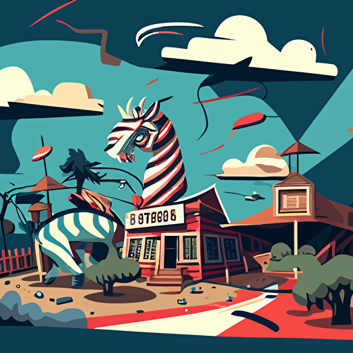 cartoon vector image of a Zoo that has been destoryed by a tornado and storm
