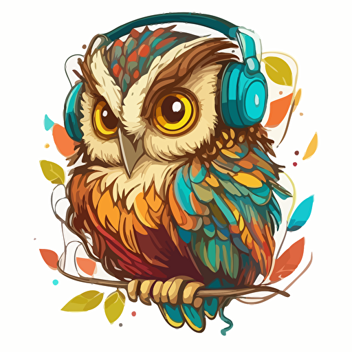 sticker, Happy Colorful Owl Wearing Headphone, Kwaii, vector, contour, white background