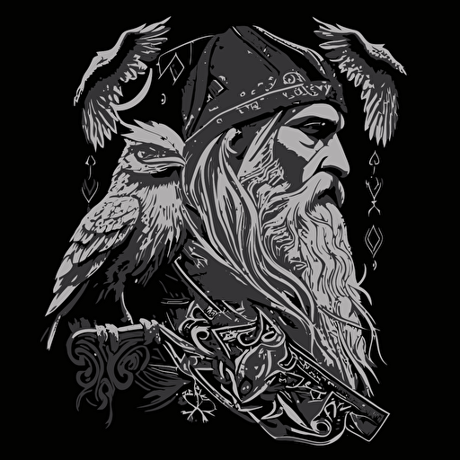 odin with a raven, blackwork, vector, artistic, detailed
