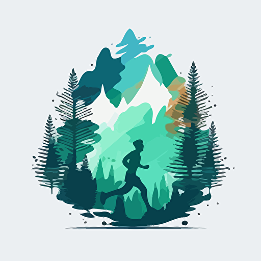 minimalist vector logo style pepole running in front of mountain pines blue and green