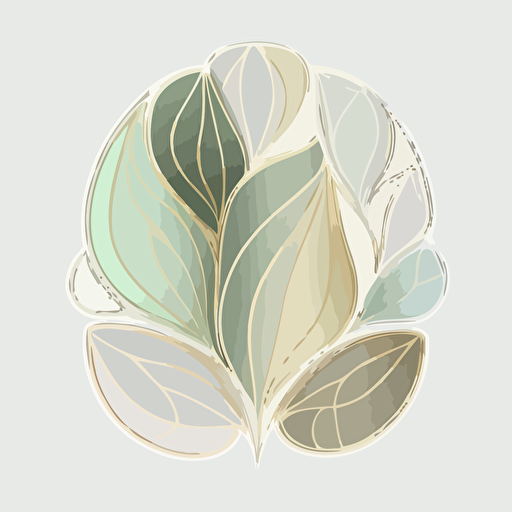 Stained glass petal art on white background. Muted colors. Light green, gold, white. Minimalistic. Flat vector illustration.