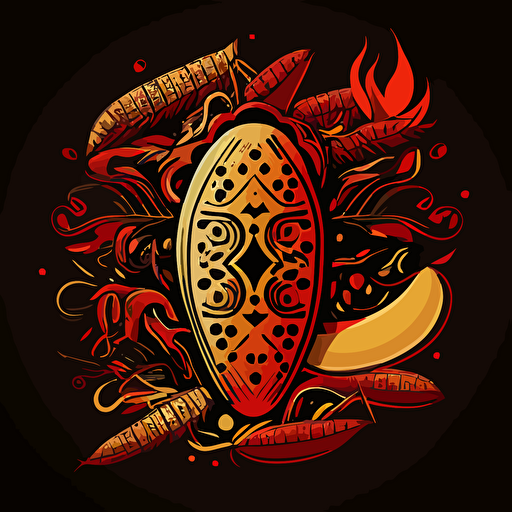 : Vector of african tribal shield surrounded by chili peppers and flame motifs