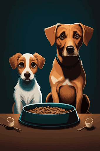 Two dogs waiting for food with a bowl, cartoon style, flat design, vectorial, cheerful colors, empty top of the image ::2, pitbull and corgie ::1,
