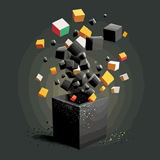vector art minimal, cudes that makes up a funnel, gray and black colors on the exterior print layer , delicacy, with smaler cube being released from the bottom of the fullen, interlayer of 1/2 size small muilti-colored cubes inside falling out of the cube, with different shades, black background, only cudes