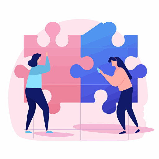 flat vector illustration depicting to people putting two fitting puzzle pieces together, use pink, purples and blues