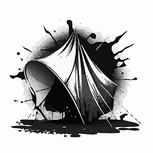 a broken pop-up vendor tent that ripped and one of the tent legs is broken. Black and white vector illustration.