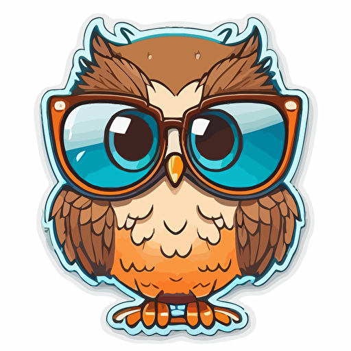sticker, a Cute owl with sunglasses, kawaii, contour, vector, white background