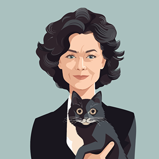 vector art style, 52 year old white female exec, short dark curly hair, holding a cat, in the style of Michael Parks