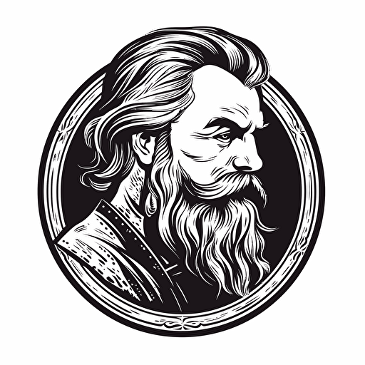 a whiskey logo, simple, falt desing, 2D, vector art, black and white, no gradients, shall contain a crystal bottle, shall contain a an old mann wiht long hair and beard