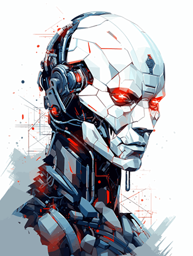 robotic android with human brain, crisp coloring, vector logo, minimalist, pixelated, polygonal