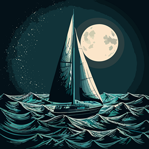 small sailboat with single mast and 2 sails at night on very rough seas with a huge moon. shades of blue and vector style