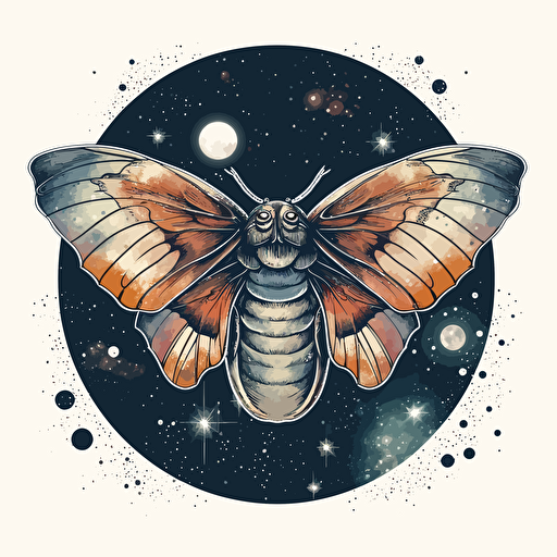 a beautiful moth with a surrounding stars and moons design in detailed drawing style + simple vector + bright colors on a white background