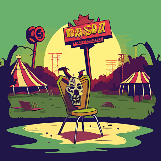 a chair facing front in the middle of the scene, in a vacant camp site, in the woods, abandoned, large hill/mound in background, abandoned, large broken signage, shrubs, trees, bushes, roses, with a city landscape in the background, broken carnival rides, a demon spirit looking over the broken signage, vector logo, vector art, cartoon, ellis art style