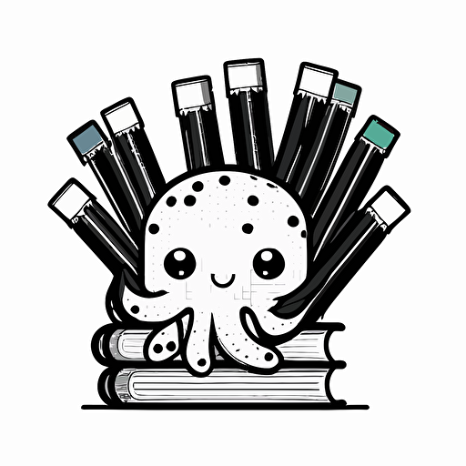 logo of an octopus holding pencils and books, cartoon style, line, vector, black on white background