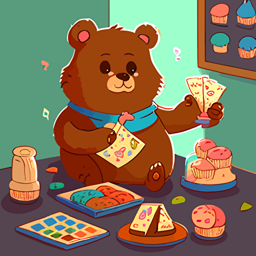 a vector image of a cute bear eating pastries and counting american money