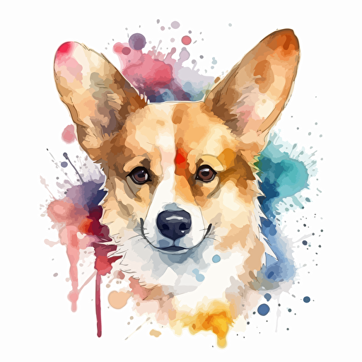 ultra cute corgi watercolor vector art, splash of color, white background,