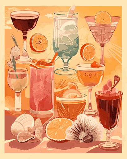 seashells cocktail, retro aesthetics, vector image, sticker design, pantone color scheme: 12-1706 TCX, 12-0824 TCX, 15-0146 TCX, 15-1164 TCX, 16-6340 TCX, 17-4247 TCX, 18-2043 TCX, 19-6026 TCX. The final piece should exude a warm, holiday-like ambiance.