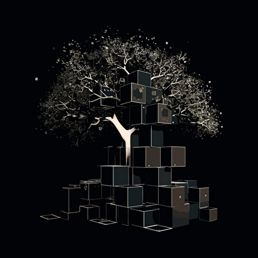 Black background contrasted by a vectorise style cube tree