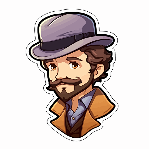 Sticker, Happy Colorful Watson from Sherlock Holmes, brown hair, stubble beard, kawaii, contour, vector, white background