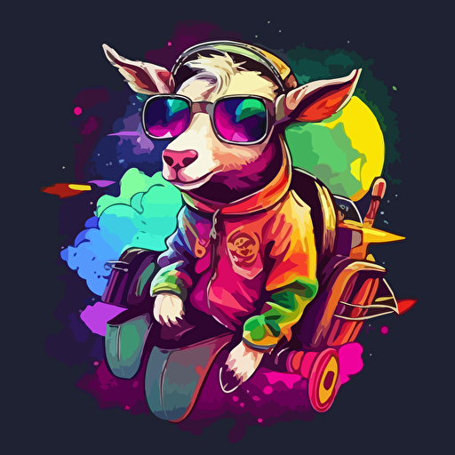 a very cute baby goat dressed as an astronaut , wearing very big sunglasses ,vector, cartoon, graffiti neon colors