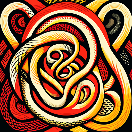 vector illustration of hundreds of entwined snakes with detailed designs in art deco style circa 1978 in red, orange, yellow, and white
