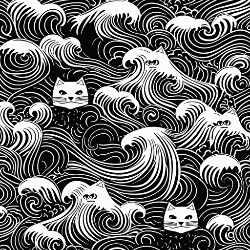 cats and waves pattern, symmetrical, black and white, vector