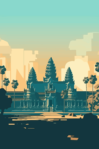 front view of the Angkor wat, blue sky, vector design, minimalist, flat