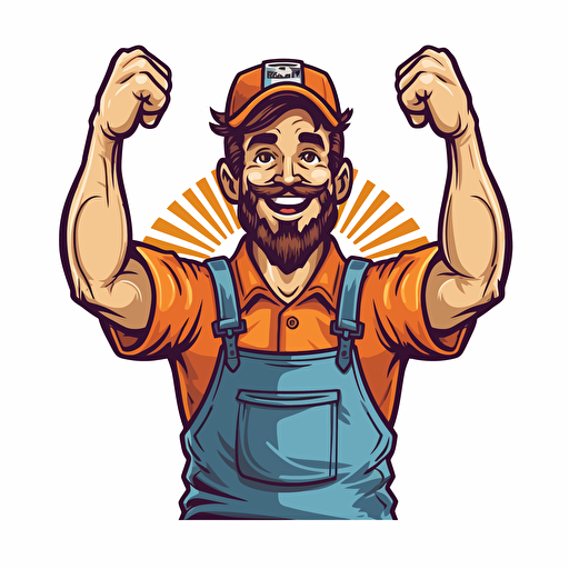 logo, handyman, hand up with tool, vector, cartoon, white background, vibrant style, happy man