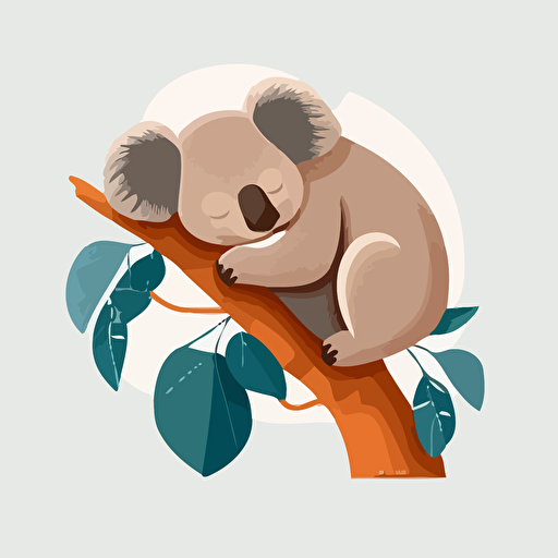 Sleepy koala vector napping on a eucalyptus branch on a white background.