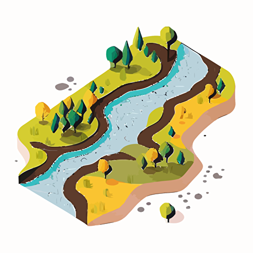 aerial shot of a river, white background, childrens book flat color vector art