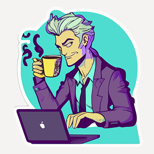 vector art style, A web developer Blond and stubble man High concentration happy , typing code and drinking coffee, giving off incandescent light, use blues and purples, in the style of Michael Parks, sticker