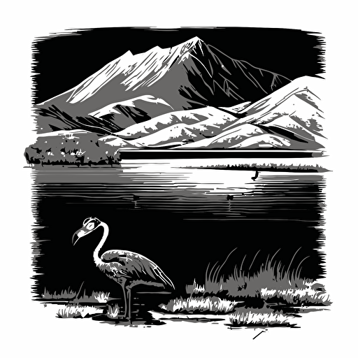 a 2d black and white vector drawing including lake neusiedl with a stork mixed with the mountains of serfaus in the alps