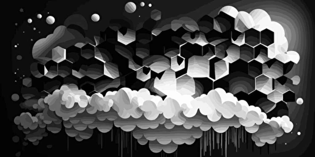 minimalist, vectorized, white and black colors, print layer , delicacy, elegant, polygon cloud and cubes, dark background