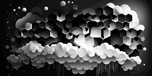 minimalist, vectorized, white and black colors, print layer , delicacy, elegant, polygon cloud and cubes, dark background