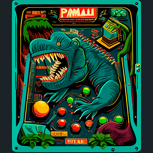 1990 pinball playfield art, a gorilla and a shark fighting, vector style