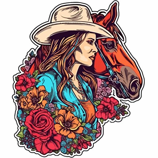 sticker, cowgirl, horse, colorful flowers, popart, vector, contour
