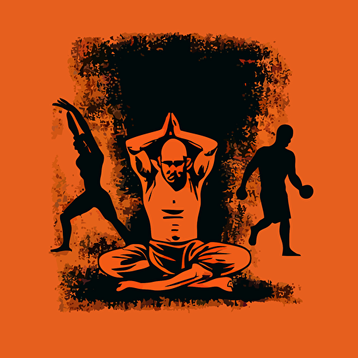 Vector image, single color: In the center of the image, there is a person lifting weights. Next to them, there is a person running. On the other side, there is a person practicing yoga, and a fourth person meditating